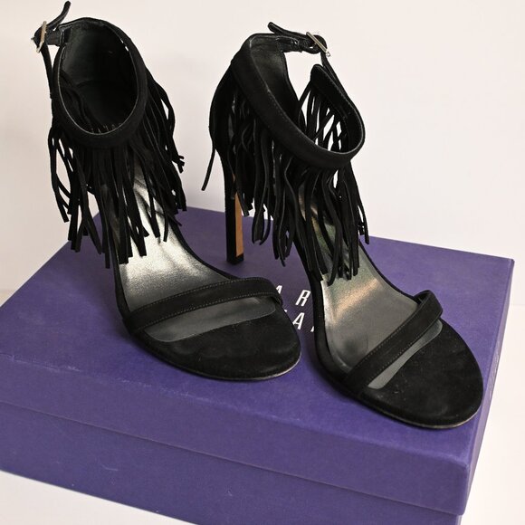 Stuart Weitzman Black Suede Nudist Heeled Sandals with Fringe - Picture 1 of 6